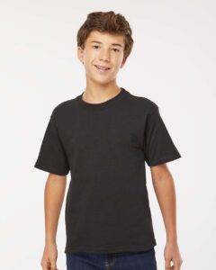 M&O 4850 Youth Gold Soft Touch T-Shirt – Black (on model)