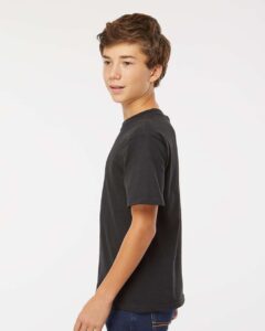M&O 4850 Youth Gold Soft Touch T-Shirt – Black (on model side)