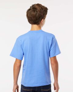 M&O 4850 Youth Gold Soft Touch T-Shirt – Carolina Blue (on model back)