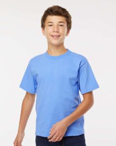 M&O 4850 Youth Gold Soft Touch T-Shirt – Carolina Blue (on model)