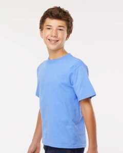 M&O 4850 Youth Gold Soft Touch T-Shirt – Carolina Blue (on model side)