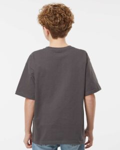 M&O 4850 Youth Gold Soft Touch T-Shirt – Charcoal (on model back)