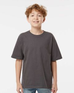 M&O 4850 Youth Gold Soft Touch T-Shirt – Charcoal (on model)