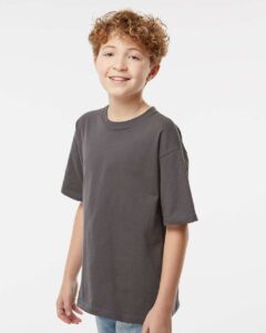 M&O 4850 Youth Gold Soft Touch T-Shirt – Charcoal (on model side)