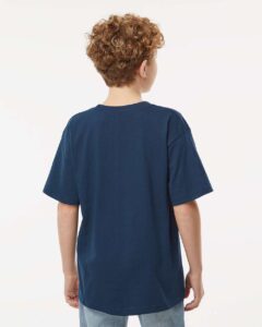 M&O 4850 Youth Gold Soft Touch T-Shirt – Deep Navy (on model back)