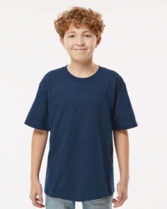 M&O 4850 Youth Gold Soft Touch T-Shirt – Deep Navy (on model)
