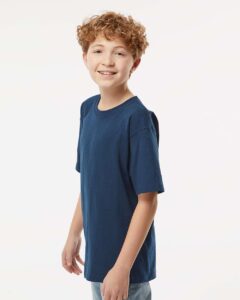 M&O 4850 Youth Gold Soft Touch T-Shirt – Deep Navy (on model side)