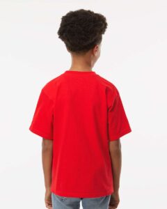 M&O 4850 Youth Gold Soft Touch T-Shirt – Deep Red (on model back)