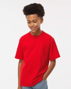 M&O 4850 Youth Gold Soft Touch T-Shirt – Deep Red (on model)