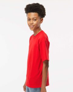 M&O 4850 Youth Gold Soft Touch T-Shirt – Deep Red (on model side)