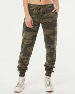 Independent Trading Co. PRM20PNT Women’s California Wave Wash Sweatpants – Forest Camo Heather (on model)