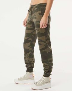 Independent Trading Co. PRM20PNT Women’s California Wave Wash Sweatpants – Forest Camo Heather (on model side)