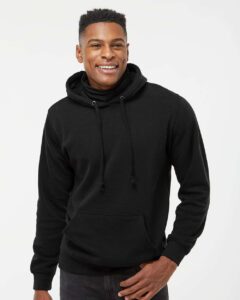 J. America 8879 Men’s Gaiter Fleece Hooded Sweatshirt – Black (on model)