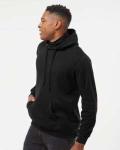 J. America 8879 Men’s Gaiter Fleece Hooded Sweatshirt – Black (on model side)