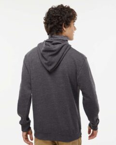 J. America 8879 Men’s Gaiter Fleece Hooded Sweatshirt – Black Heather (on model back)