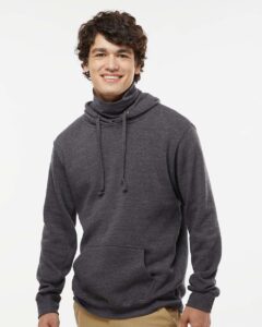 J. America 8879 Men’s Gaiter Fleece Hooded Sweatshirt – Black Heather (on model)