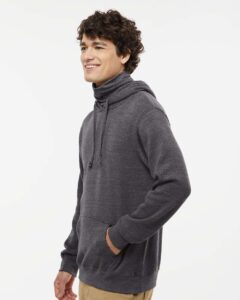 J. America 8879 Men’s Gaiter Fleece Hooded Sweatshirt – Black Heather (on model side)