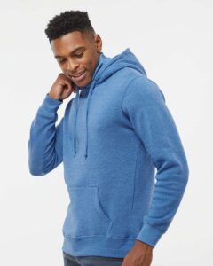 J. America 8879 Men’s Gaiter Fleece Hooded Sweatshirt – Cool Royal Heather (on model side)