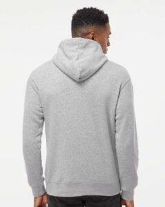 J. America 8879 Men’s Gaiter Fleece Hooded Sweatshirt – Grey Heather (on model back)