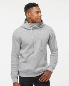 J. America 8879 Men’s Gaiter Fleece Hooded Sweatshirt – Grey Heather (on model)