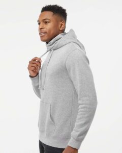 J. America 8879 Men’s Gaiter Fleece Hooded Sweatshirt – Grey Heather (on model side)