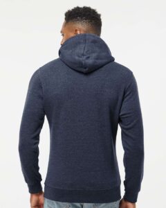 J. America 8879 Men’s Gaiter Fleece Hooded Sweatshirt – True Navy Heather (on model back)