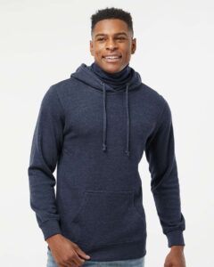J. America 8879 Men’s Gaiter Fleece Hooded Sweatshirt – True Navy Heather (on model)
