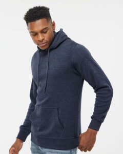 J. America 8879 Men’s Gaiter Fleece Hooded Sweatshirt – True Navy Heather (on model side)