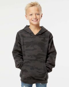 Independent Trading Co. SS4001Y Youth Midweight Hooded Sweatshirt – Black Camo (on model)