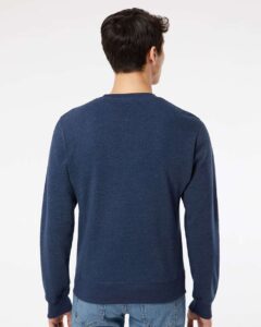 J. America 8870 Unisex Triblend Fleece Crewneck Sweatshirt – True Navy Triblend (on model back)