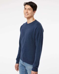 J. America 8870 Unisex Triblend Fleece Crewneck Sweatshirt – True Navy Triblend (on model side)