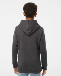 J. America 8880 Youth Triblend Fleece Hooded Sweatshirt – Black Triblend (on model back)