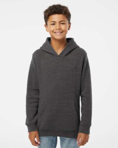 J. America 8880 Youth Triblend Fleece Hooded Sweatshirt – Black Triblend (on model)