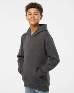 J. America 8880 Youth Triblend Fleece Hooded Sweatshirt – Black Triblend (on model side)