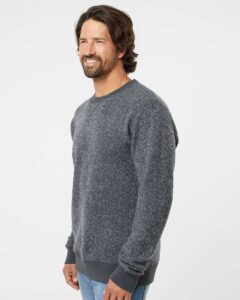 J. America 8712 Unisex Aspen Fleece Crewneck Sweatshirt – Charcoal Speck (on model side)