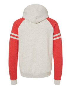 JERZEES 97CR Unisex Nublend® Varsity Colorblocked Raglan Hooded Sweatshirt – Oatmeal Heather/ Fiery Red Heather (back)