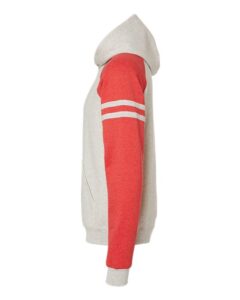 JERZEES 97CR Unisex Nublend® Varsity Colorblocked Raglan Hooded Sweatshirt – Oatmeal Heather/ Fiery Red Heather (side)