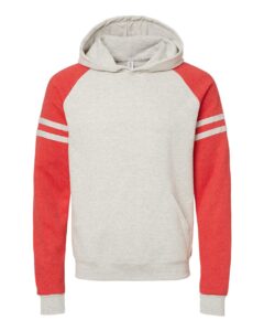 JERZEES 97CR Unisex Nublend® Varsity Colorblocked Raglan Hooded Sweatshirt – Oatmeal Heather/ Fiery Red Heather