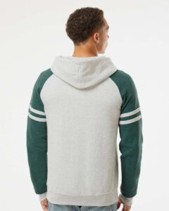 JERZEES 97CR Unisex Nublend® Varsity Colorblocked Raglan Hooded Sweatshirt – Oatmeal Heather/ Forest Green Heather (on model back)
