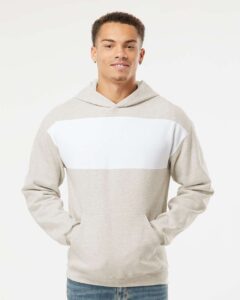 JERZEES 98CR Unisex Nublend® Billboard Hooded Sweatshirt – Oatmeal Heather/ White (on model)