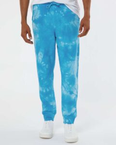 Independent Trading Co. PRM50PTTD Unisex Tie-Dyed Fleece Sweatpants – Tie Dye Aqua Blue (on model)