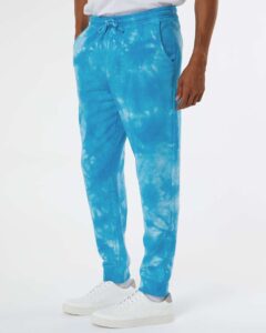 Independent Trading Co. PRM50PTTD Unisex Tie-Dyed Fleece Sweatpants – Tie Dye Aqua Blue (on model side)