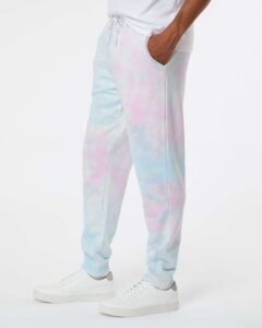 Independent Trading Co. PRM50PTTD Unisex Tie-Dyed Fleece Sweatpants – Tie Dye Cotton Candy (on model side)