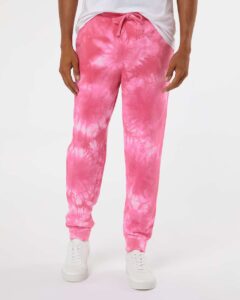 Independent Trading Co. PRM50PTTD Unisex Tie-Dyed Fleece Sweatpants – Tie Dye Pink (on model)