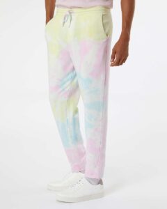 Independent Trading Co. PRM50PTTD Unisex Tie-Dyed Fleece Sweatpants – Tie Dye Sunset Swirl (on model side)