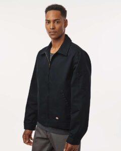 Dickies JT78 Men’s Unlined Industrial Eisenhower Jacket – Black (on model side)