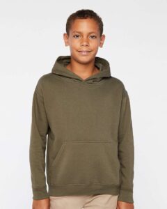 LAT 2296 Youth Hoodie Sweatshirt – Military Green (on model)
