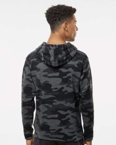 J. America 8871 Men’s Triblend Fleece Hooded Sweatshirt – Black Camo Triblend (on model back)