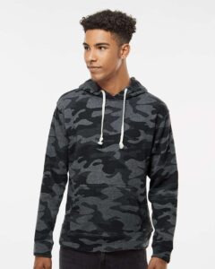 J. America 8871 Men’s Triblend Fleece Hooded Sweatshirt – Black Camo Triblend (on model)