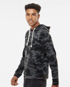 J. America 8871 Men’s Triblend Fleece Hooded Sweatshirt – Black Camo Triblend (on model side)